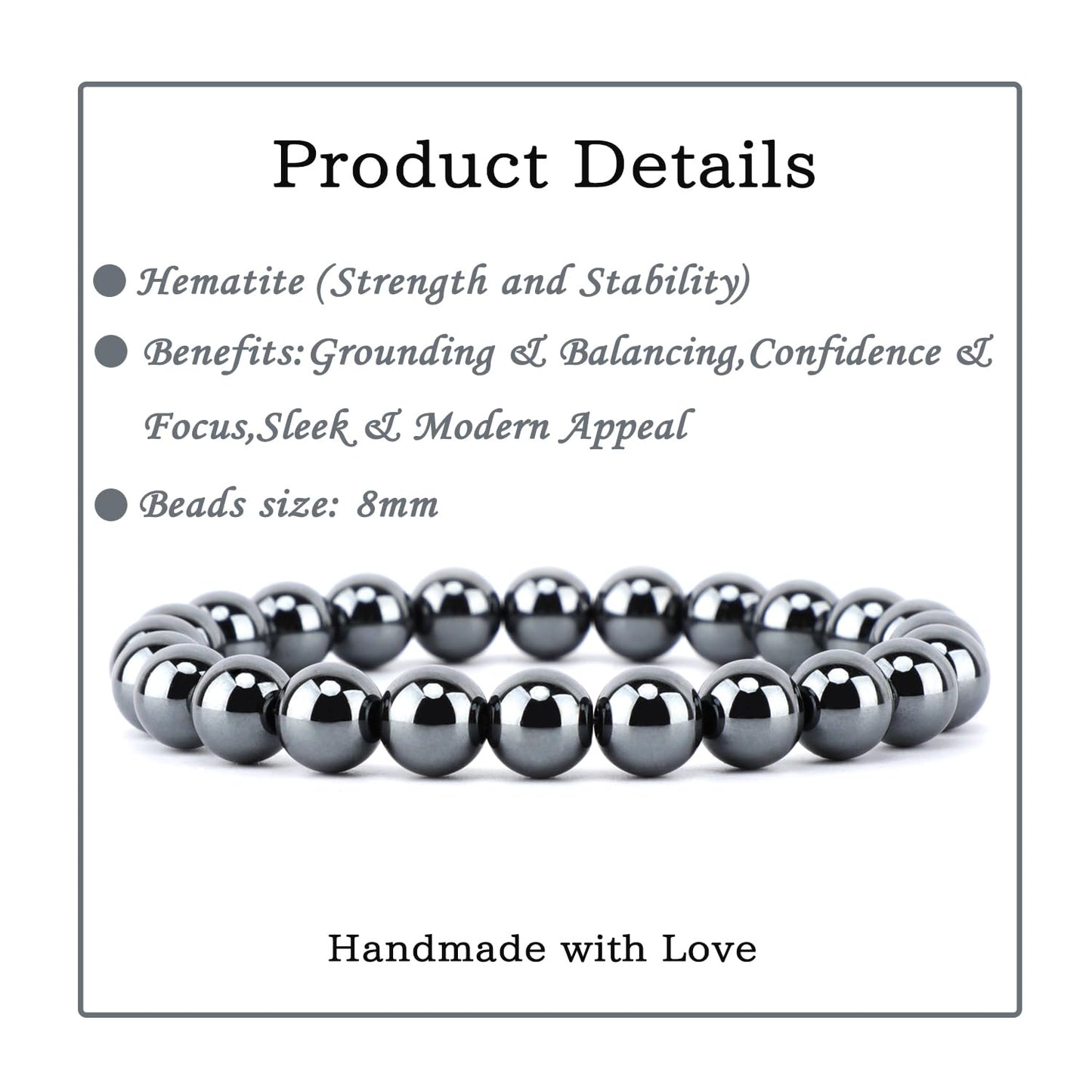 Bymitel 8mm Hematite - Handmade Reiki Gemstone Stretch Bracelet, Natural Beauty & Spiritual Essence, Crystal Healing for Unisex Adults