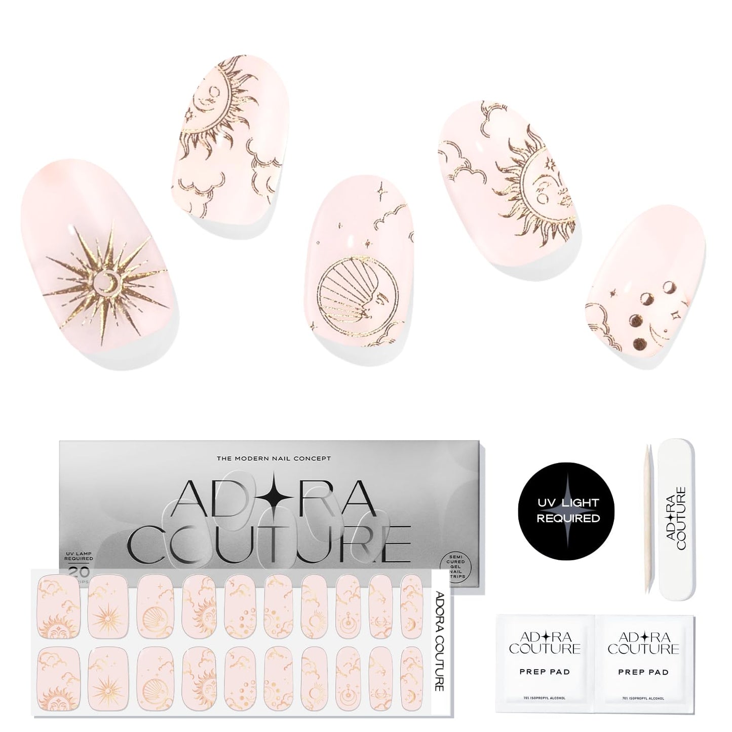 Semi-Cured Gel Nail Strips - 20 Salon-Quality Gel Sticker with UV Light Required, Long Lasting, Easy Application & Removal, Includes Prep Pad, Nail File, Wooden Stick (Pink Solar)
