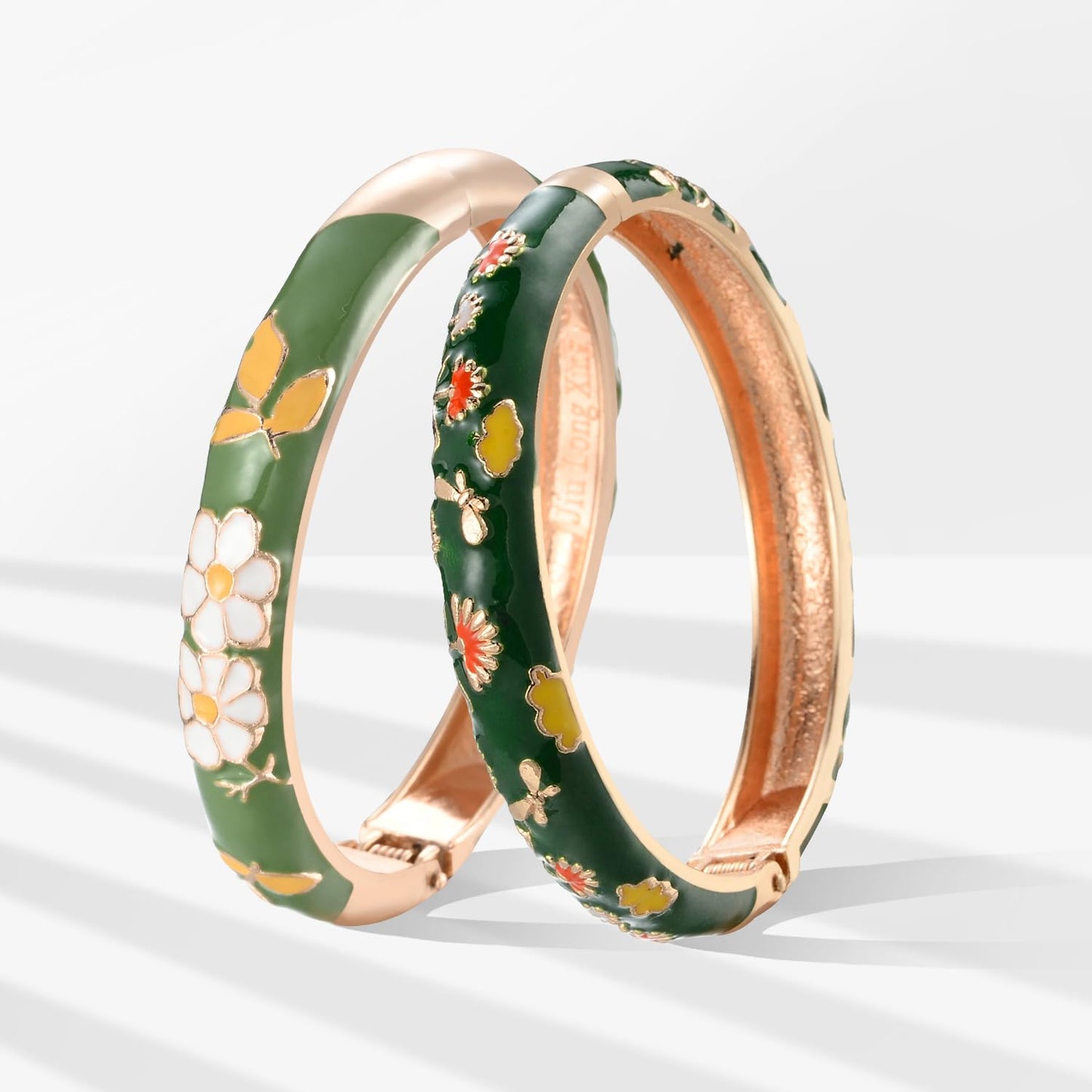 UJOY Gorgeous Bracelets Enameled Floral Cloisonne Gift Plated Cuff Bangles Jewelry Sets Box for Women 55A18-55A42 Green
