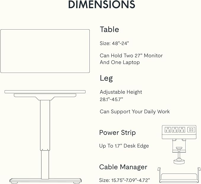 FLEXISPOT EN2 Whole-Piece Standing Desk with Clamp Power Strip, 48 x 24 Electric Stand Up Height Adjustable Desk with Cable Management (White Frame + 48" Gray Wood Grain Desktop, 2 Packages)