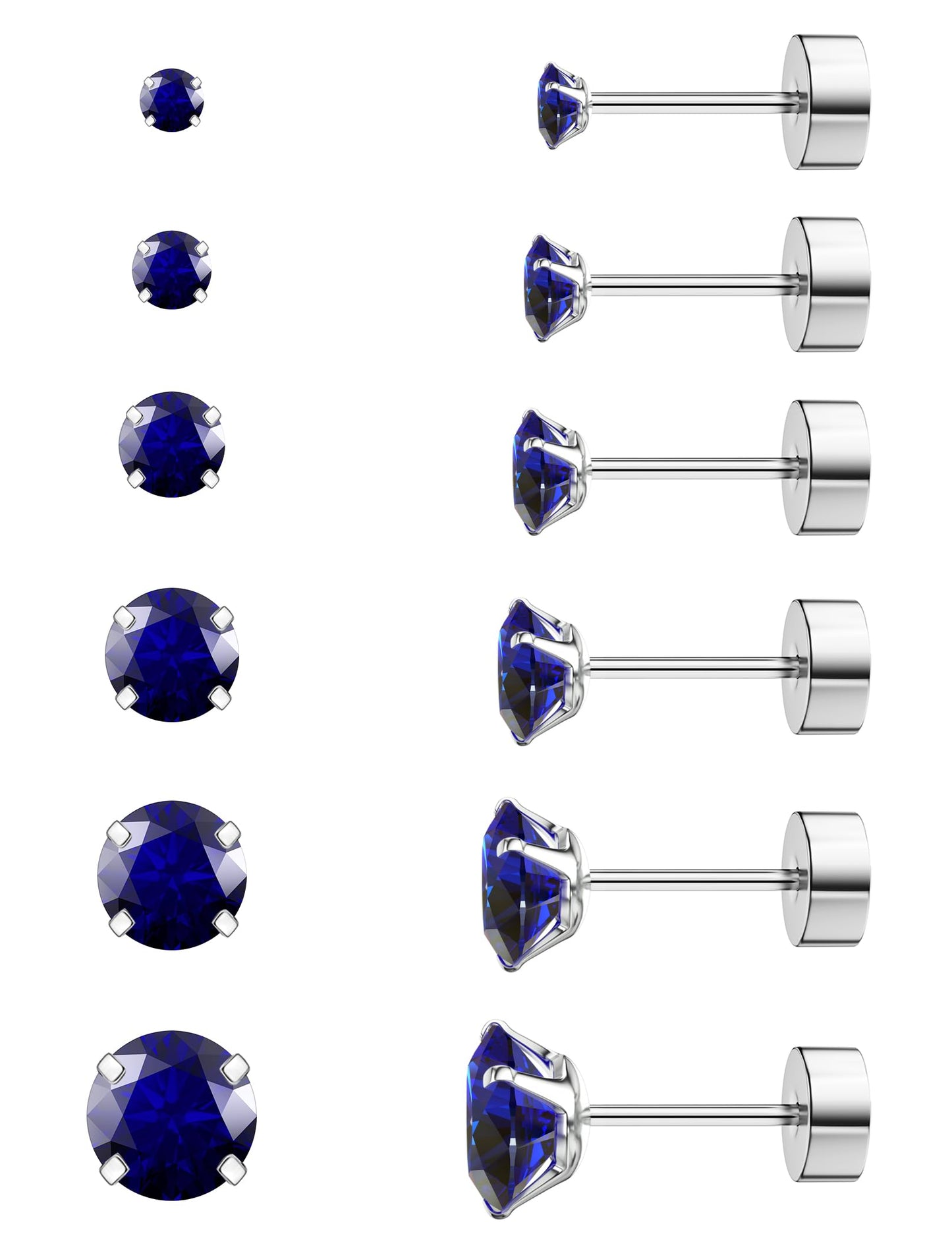6 Pairs Hypoallergenic Cubic Zirconia Earrings Surgical Steel Flat Back Studs for Cartilage, Screw Back Fashion Jewelry