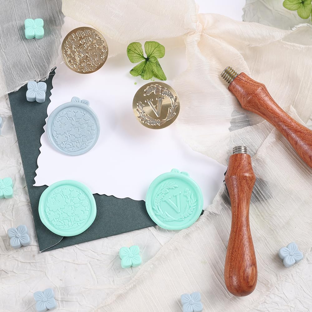 WUERLIN Initial Letter Alphabet V Wax Seal Stamp, Wicker Eucalyptus Sealing With Flower for Wedding Invitation, Gift Wrap, Envelopes, Christmas Card