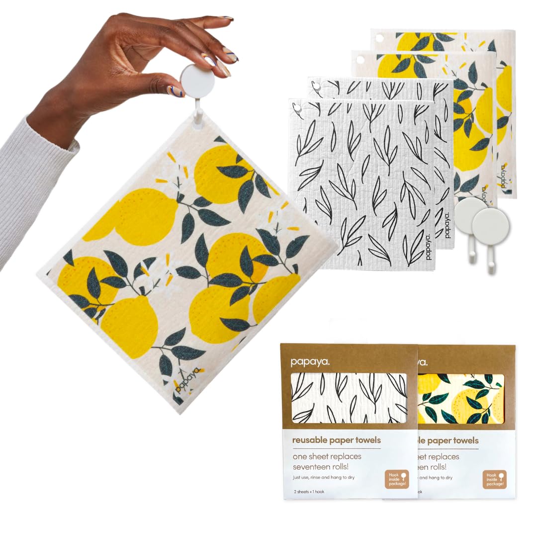 Papaya Reusable Paper Towels, Premium Swedish Dishcloths with Hook, Non-Scratch Reusable Paper Towel, 1 Sheet Replaces 17 Rolls - 4 Sheets, 2 Hooks