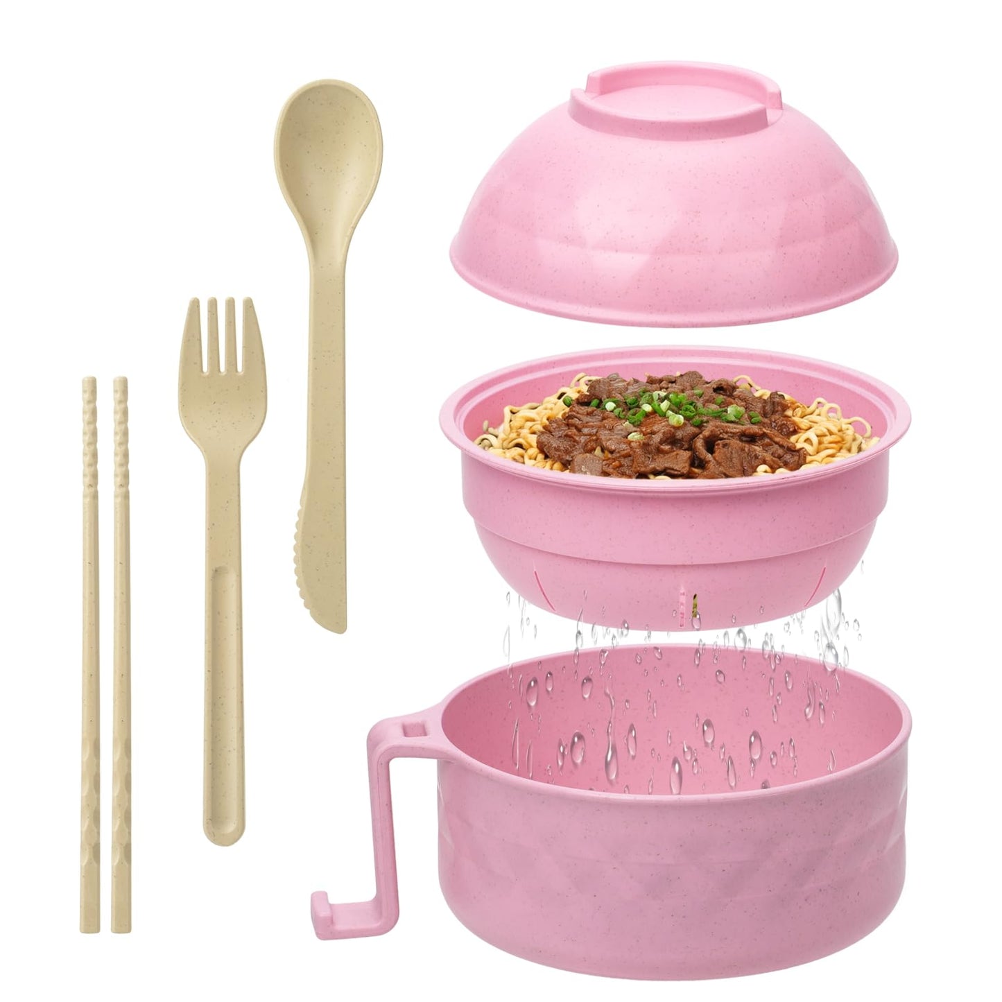 MUUBOOX Ramen Cooker,32oz Ramen Bowl Set,Microwave Ramen Bowl, Microwave Bowl with Lid, Portable Noodle Bowls,for Home Office Dorm Room College gift (Pink)