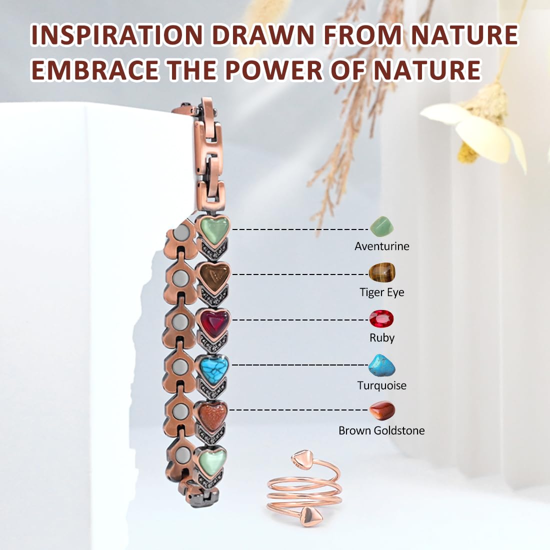 Vicmag Magnetic Copper Bracelets for Women with Natural Turquoise, 3800 Gauss Magnets Adjustable Pure Copper Bracelet & Ring