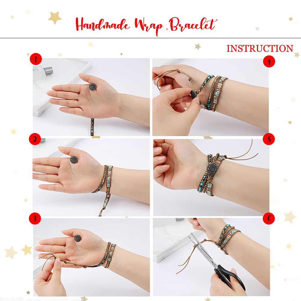 Plumiss Women Boho Handmade Green Crystal Indian Agate Rhodonite Stone Bead Strand 3 Wrap Bracelets