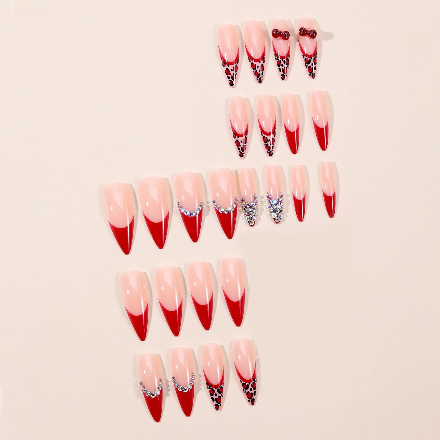 MISUD Press on Nails - Long Stiletto Fake Nails with Red French Tip, Acrylic Cheetah Rhinestone Design 24 pcs