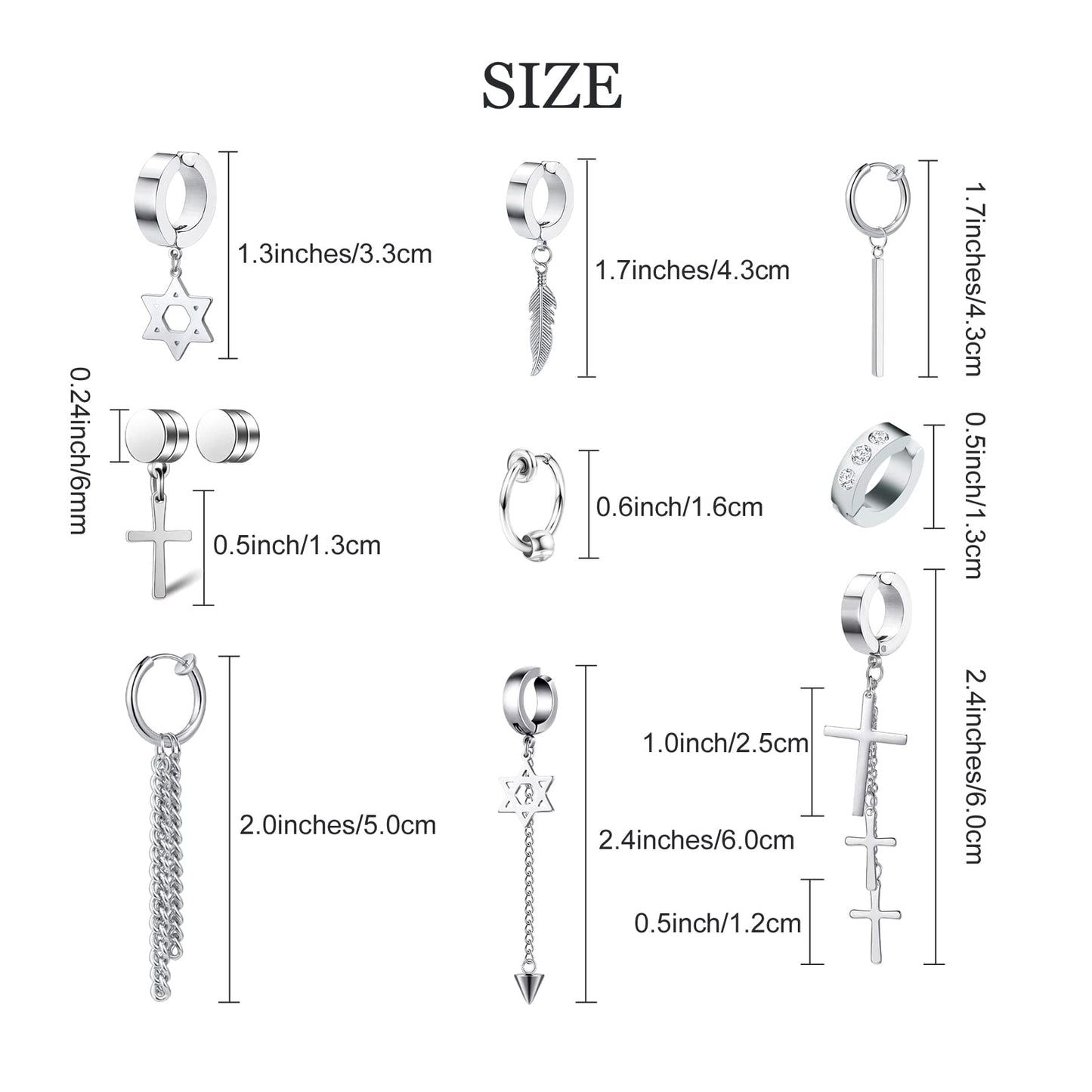 14 Pcs Silver Goth Stainless Steel Non Pierced Fake Piercing Cross Feather Spike Awl Star of David Dangle Tassel Clip on Hoop Earrings Set Jewelry for Unisex