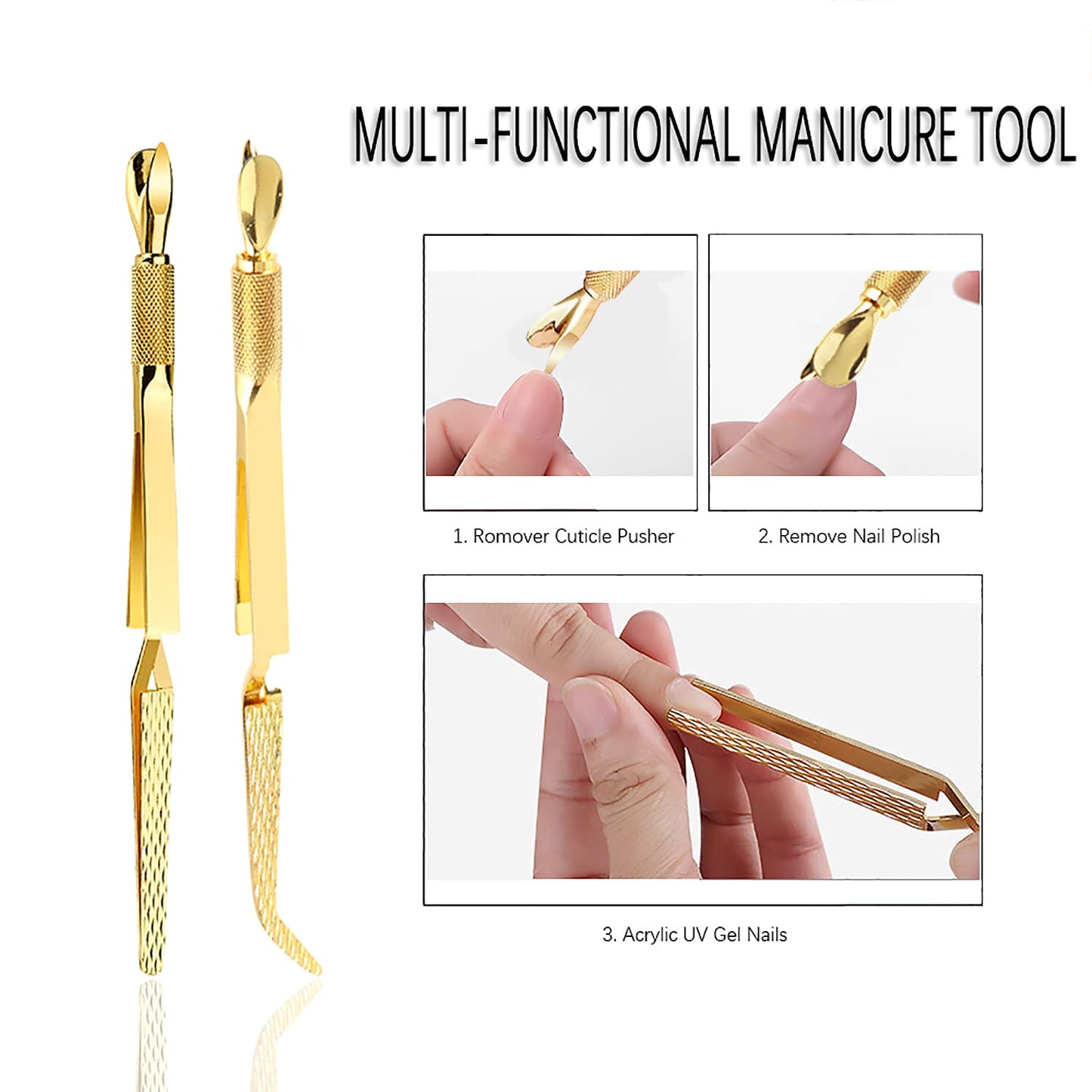 SILPECWEE 2Pcs Nail Pinching Tool C Curve Nail Extension Clips Metal Cuticle Pusher Nail Scraper Gel Nail Polish Remover False Nails Shaping Tweezers Multi-Function Manicure Tools (Gold)