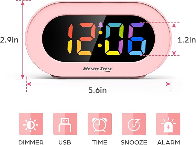 REACHER Pink Colorful LED Digital Alarm Clock with USB Charger