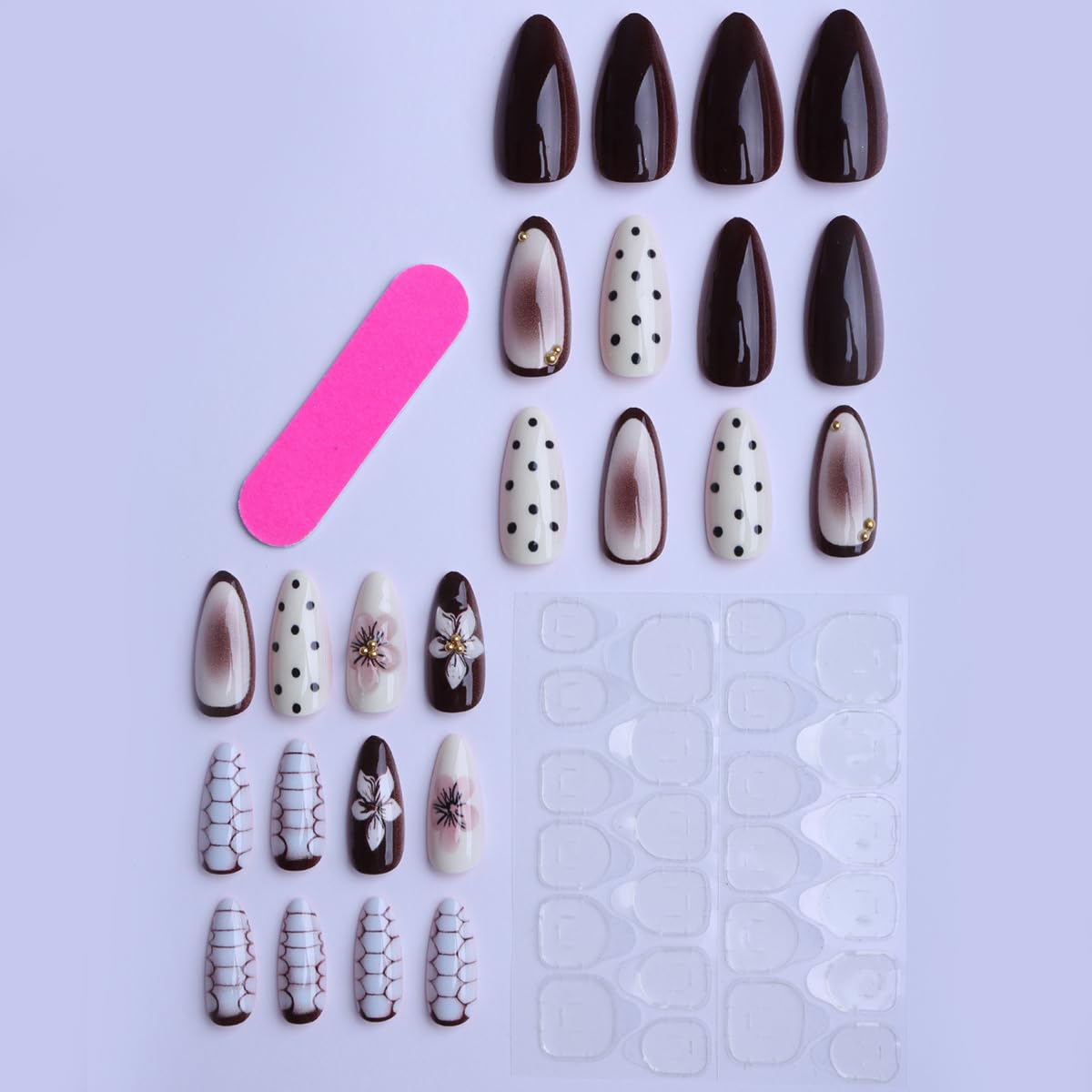 Medium Almond Press On Nails - White Fake Nails with Flower, Black Polka Dot & Crocodile Print Design,Reusable Glue On Nails for Women Daily Manicure 24Pcs