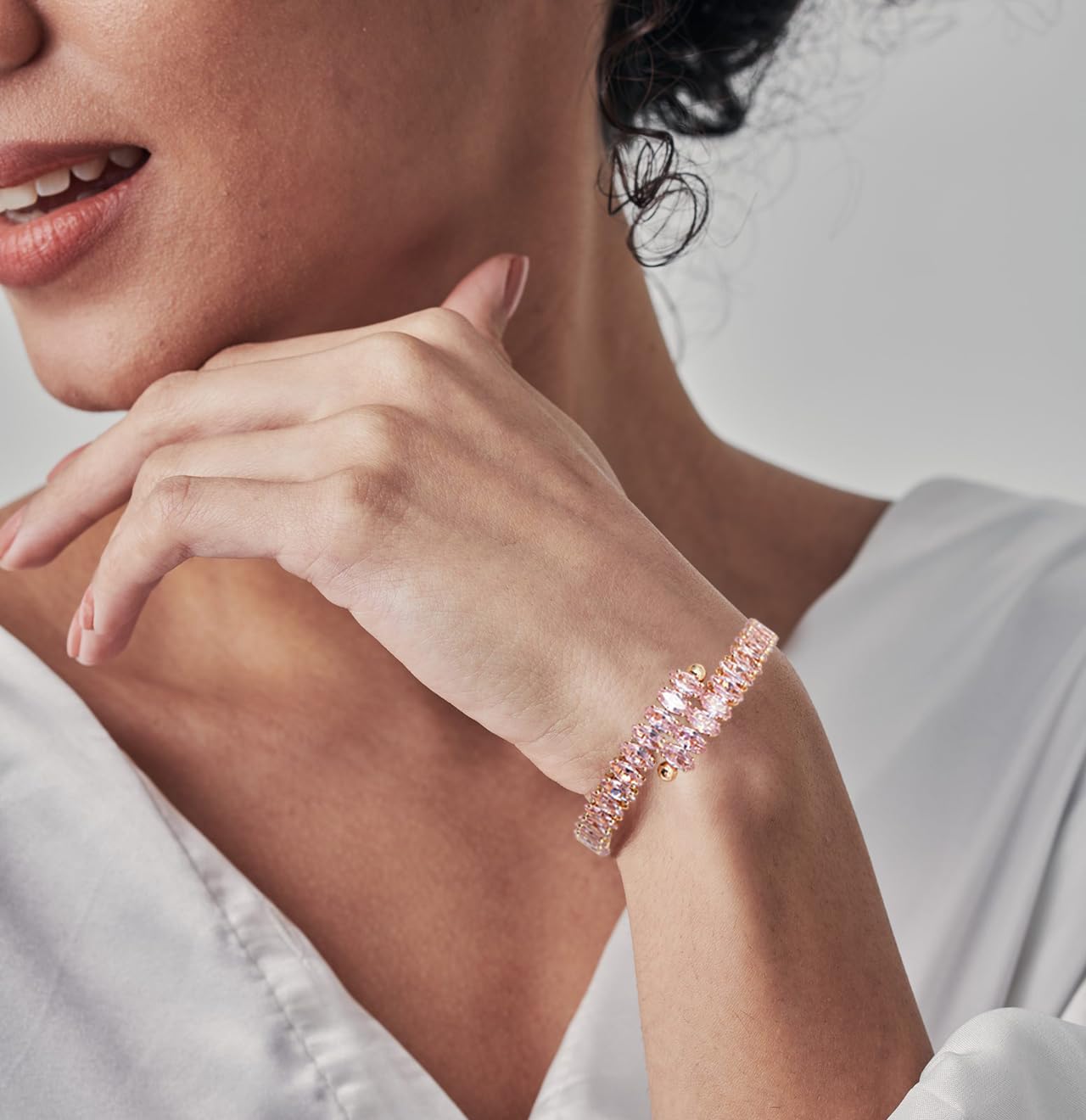 Wovanoo Rhinestone Cuff Bracelet Cubic Zirconia Tennis Bracelets Open Adjustable Bangle for Women Gold Pink