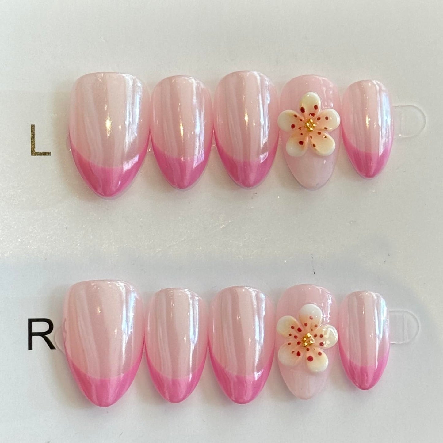 Hand made Press on Nails Medium Pink French Tip Almond Shape Glossy Finish 3D Flower Charms Fake Nails for Women 10 Count M Size