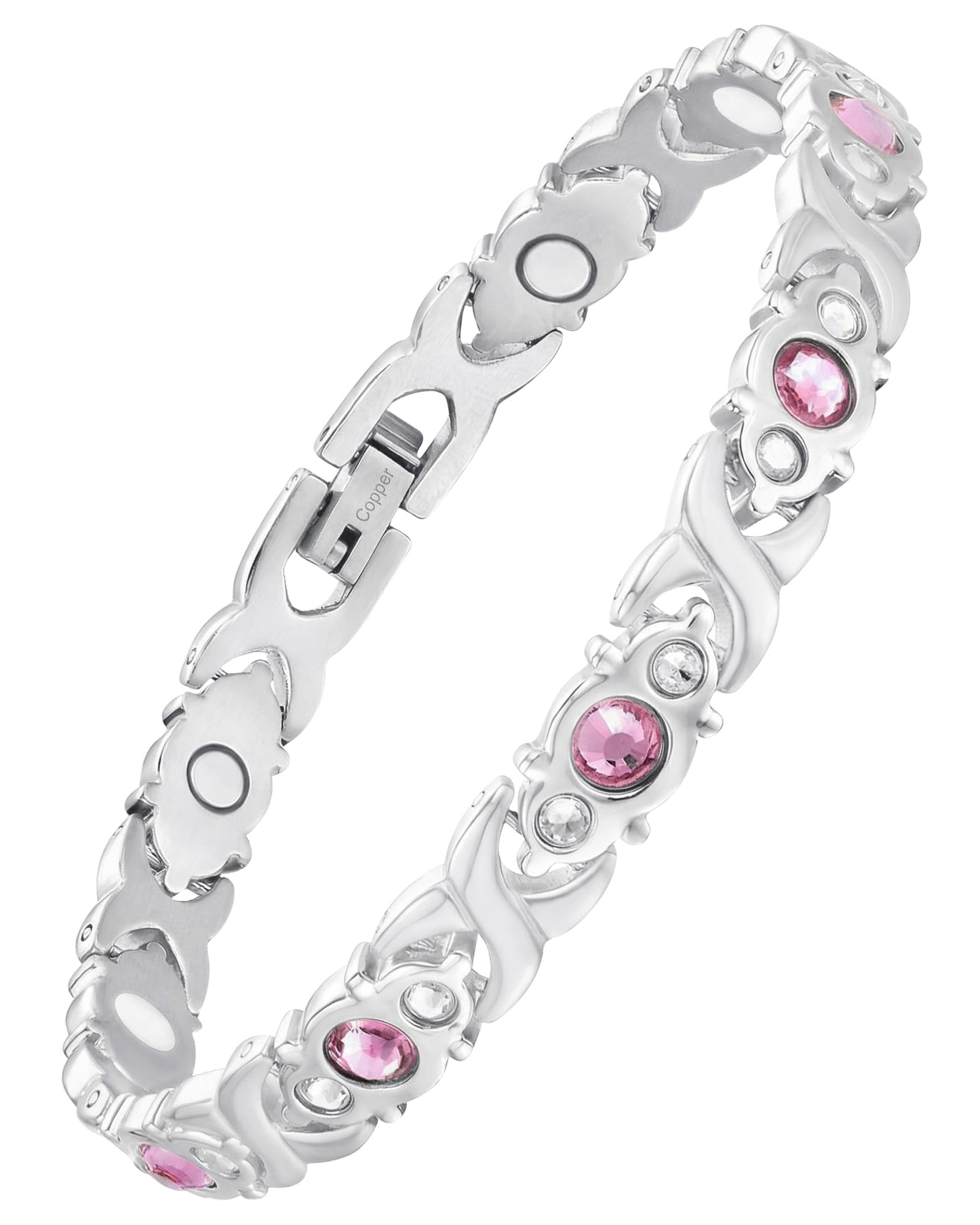 Feraco Pure Copper Bracelets for Women, 4 Elements Magnetic Bracelet with 3800 Gauss Neodymium Magnets & Dazzling Crystals, Adjustable Jewelry Gift (Silver)