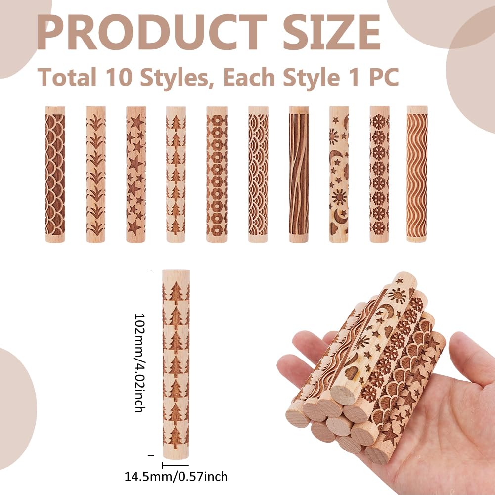 UNICRAFTALE 10Pcs Wooden Clay Texture Rollers Set for Pottery 10 Styles Ceramics Potters Stamp Roller Tools 102mm Textured Rolling Pins Modeling Pattern Rollers Kit for DIY Handmade Art Supplies