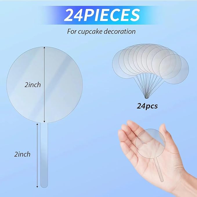 24 Pcs 2 Inch Clear Blank Acrylic Cupcake Toppers Round DIY Custom Cupcake Topper，Personalized Cupcake Topper Sticks for Birthday Party Baby Shower Wedding Party Decoration