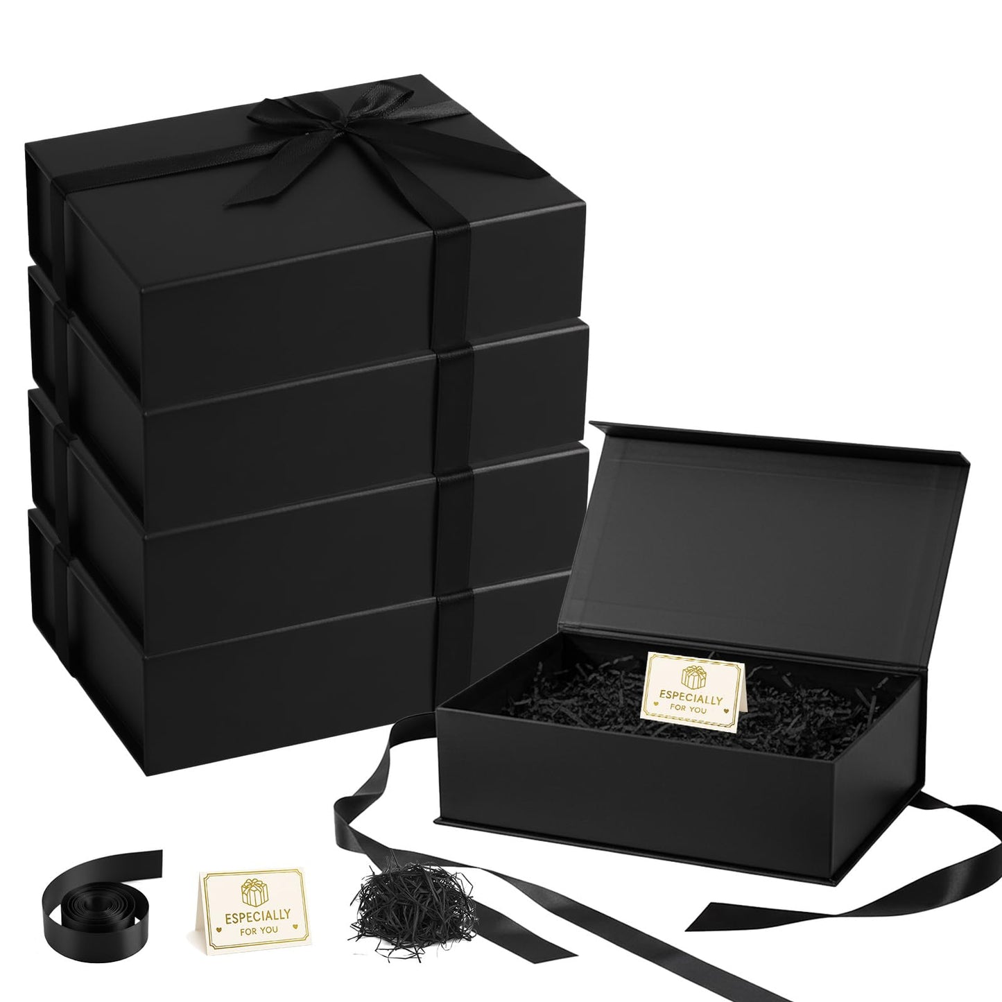 Dimore 4 Pack Black Gift Box, 10.3x7.5x3.2'' Magnetic Gift Box with Lids, Rectangle Hardboard Collapsible Box for Bridesmaid Proposal, Wedding, Birthday, Christmas Gift Packaging