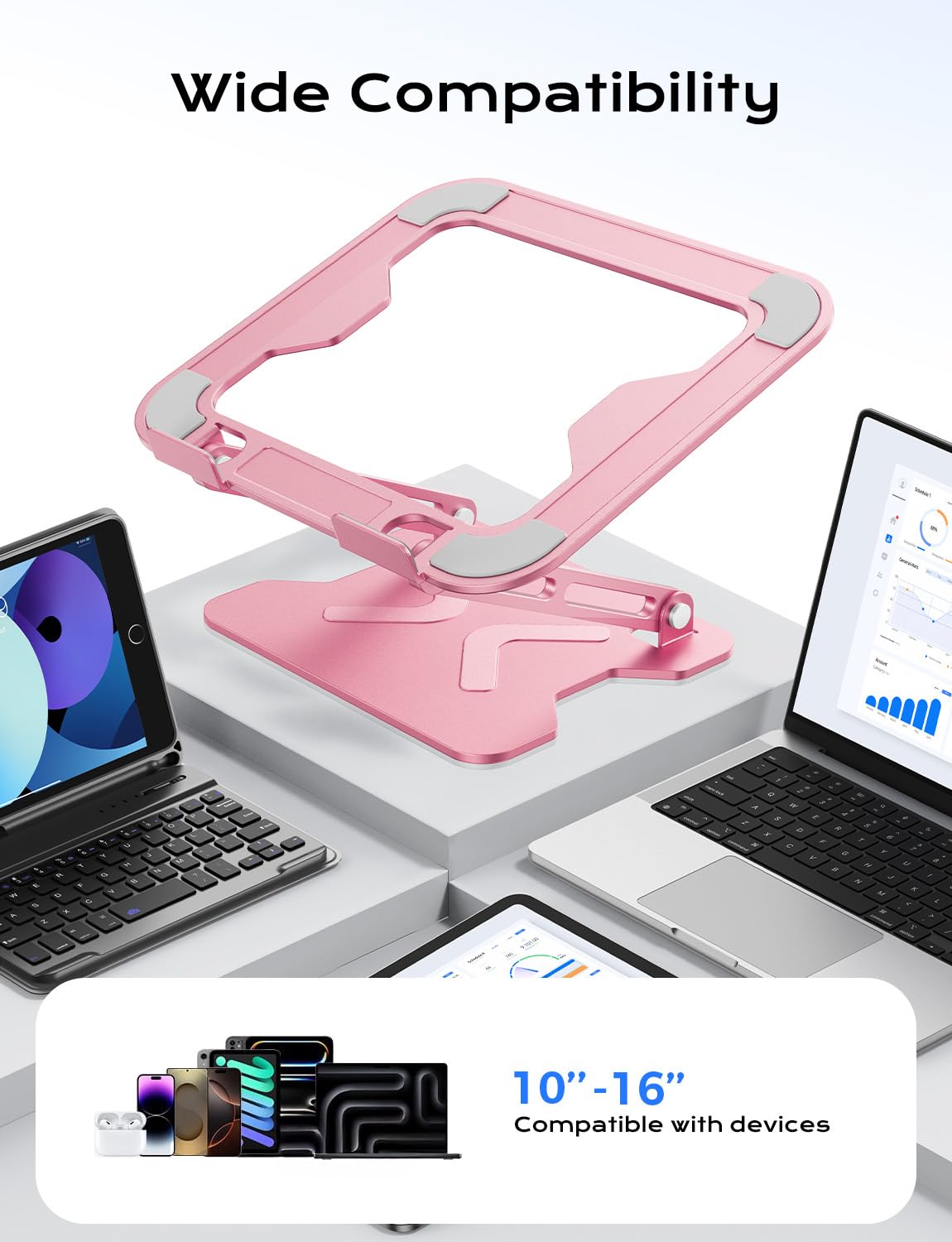 JCZT Adjustable Laptop Stand for Desk, Metal Foldable Laptop Riser, Portable Laptop Holder Mount, Ventilated Cooling Computer Notebook Stand for MacBook Air Pro, All 10-16'' Notebooks Laptops, Pink