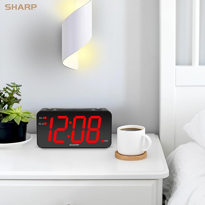Sharp Digital Alarm Clock, 3" Jumbo Red LED, Dual Alarm, Battery Backup