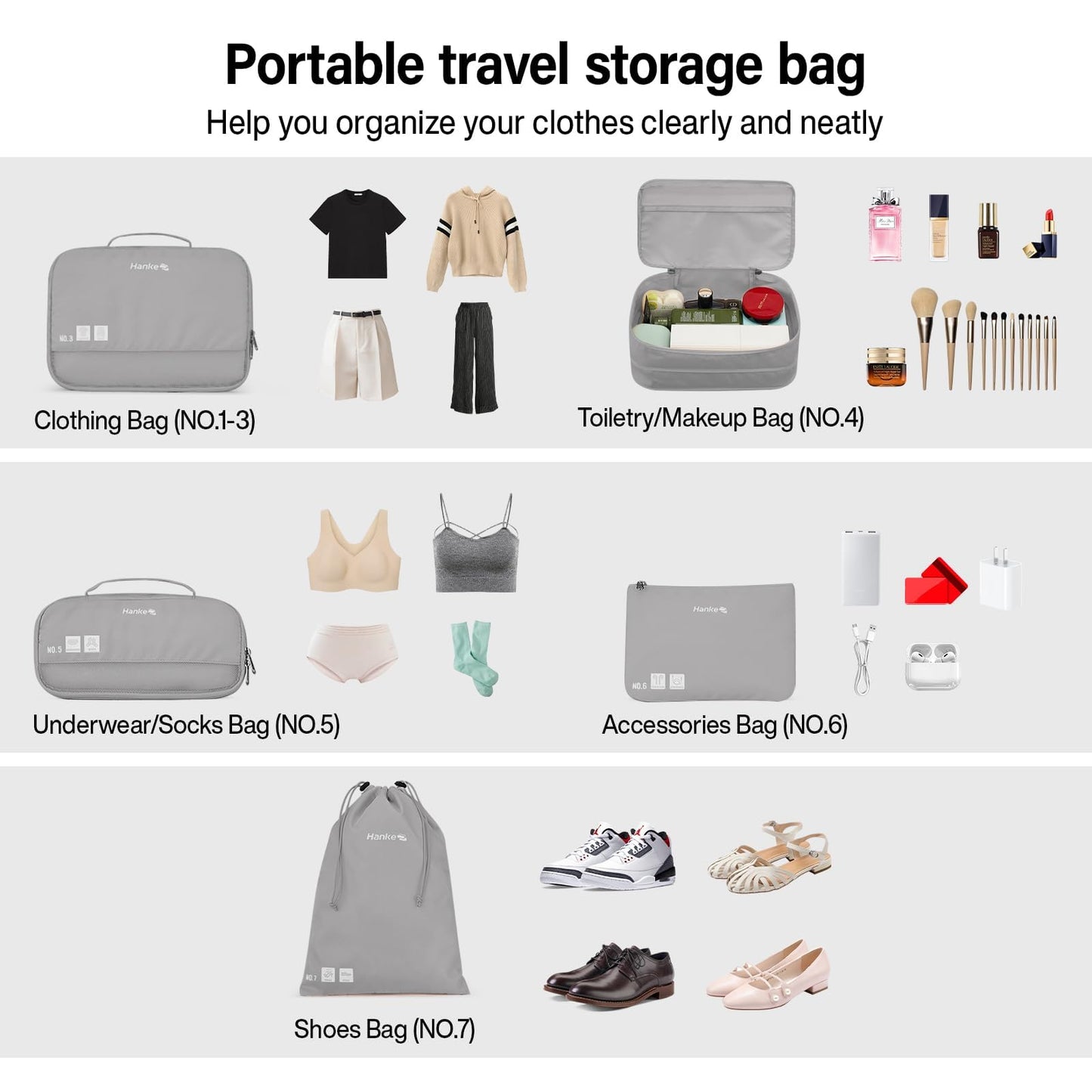 Hanke 7 Set Compression Packing Cubes for Travel, Expandable Large Packing Cubes for Suitcases and Backpack, Luggage Packing Organizer Bags with Double Zipper as Travel Essentials,Light Grey