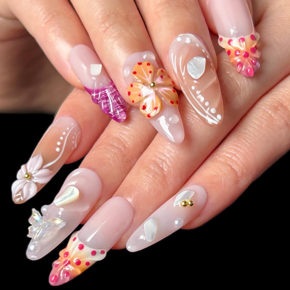 MAGLFELL Nails Press on Nails - Handmade Long Almond Fake Nails, Unique 3D Glossy French Design False Nails for Women, 10 Pcs Acrylic Handmade Fingernails (Size S)