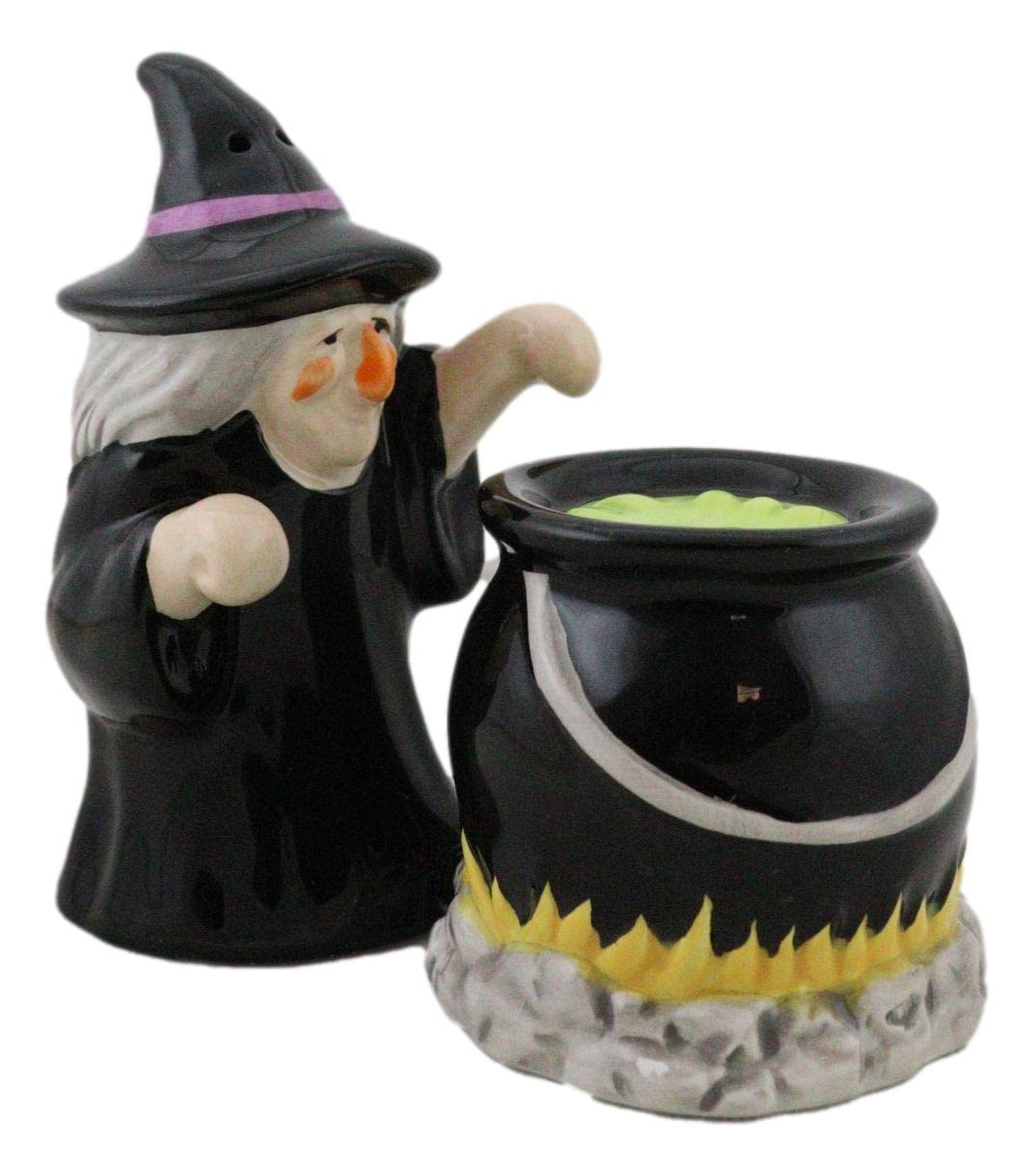 Ebros Gift 'Double Double Toil And Trouble Fire Burn And Cauldron Bubble' Black Potion Magic Witch And Large Cauldron On Fire Hearth Salt Pepper Shakers Set Ceramic Figurines