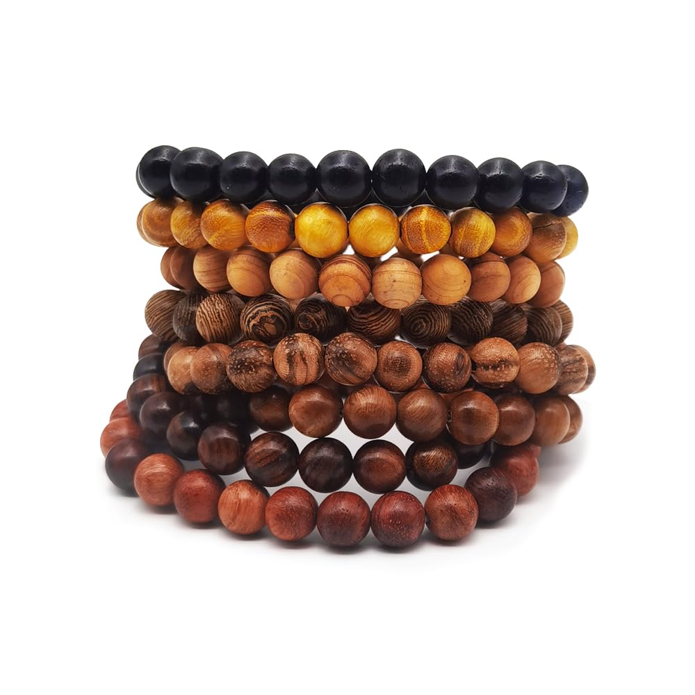 INSPIRELLE 8 Pieces Natural Wood Elastic Beaded Bracelet for Men and Women