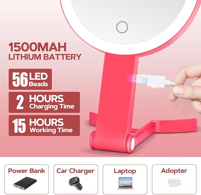 Lighted Makeup Mirror, 30X Magnifying Mirror with Light, Hanging and Handheld Mirror with Handle, Red