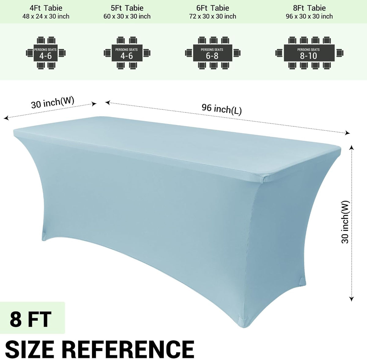 Obstal 8Ft Stretch Spandex Table Cover for Standard Folding Tables - 2 Pack Universal Rectangular Fitted Tablecloth for Party, Banquet, Events, Trade Show (Dusty Blue, 96L x 30W x 30H Inches)