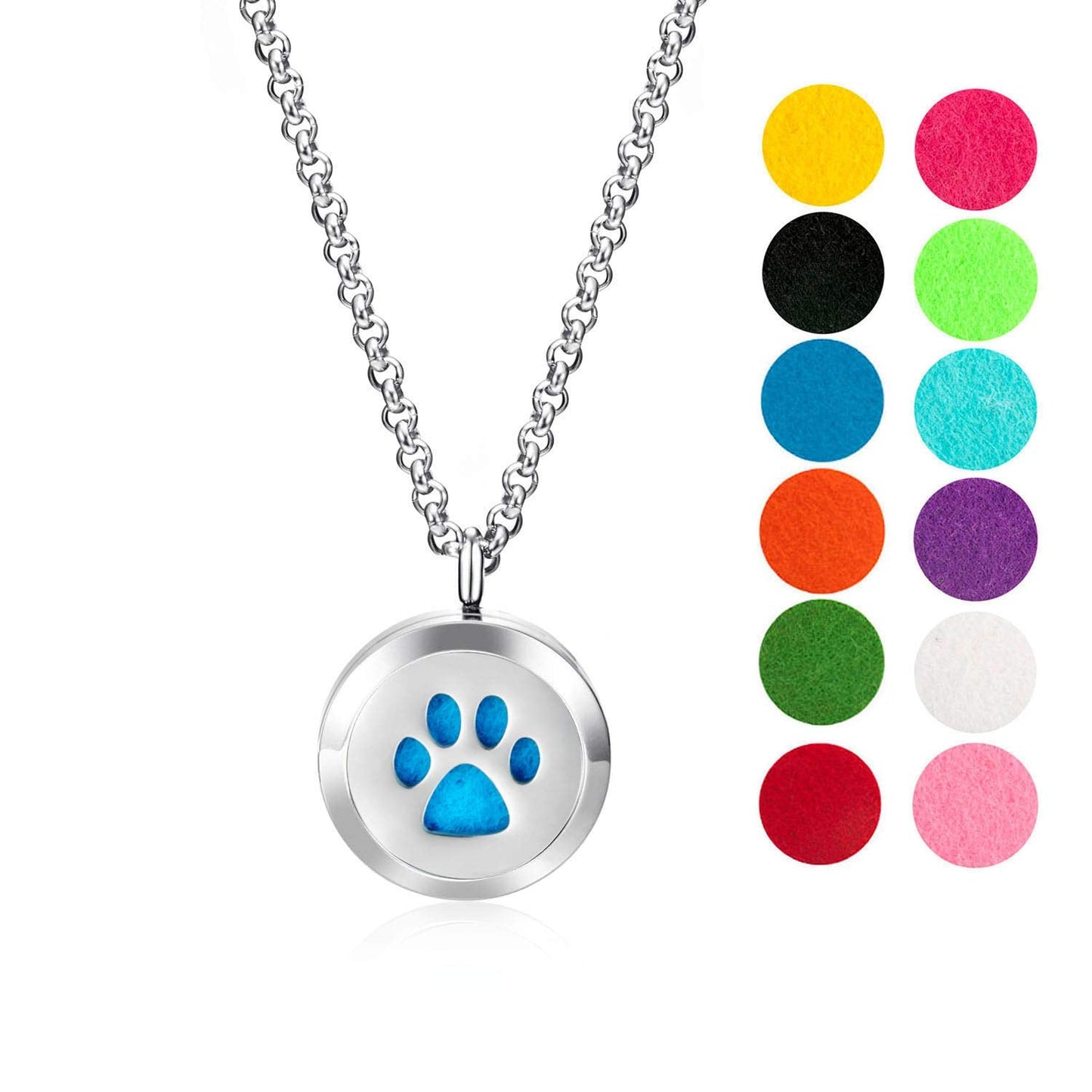 Wild Essentials Dog Paw Essential Oil Diffuser Necklace, Stainless Steel Locket Pendant with 24 inch Chain, 12 Color Refill Pads, Customizable Color Changing Perfume Jewelry for Aromatherapy