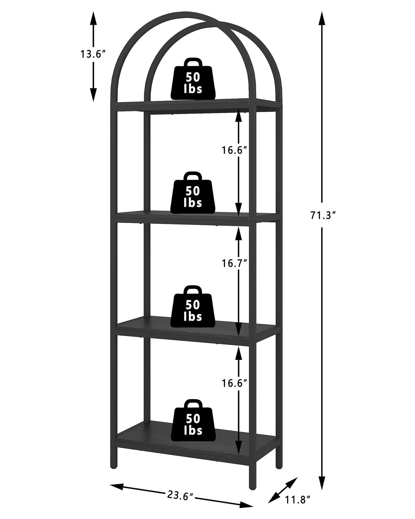 Yusong Bookshelf 4 Tier Arched Bookcase, 71.3" Tall Industrial Open Book Shelves for Living Room, Modern Freestanding Display Shelving Unit Storage Rack with Metal Frame, Office, Bedroom, Black
