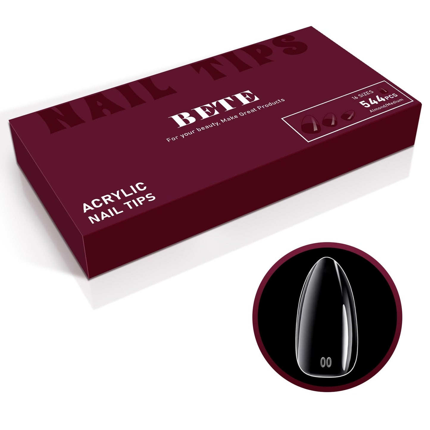 BETE Medium Almond Clear Acrylic Nail Tips–544Pcs 16 Sizes with Half Sizes, Tipex Instant Apex Full Cover False Nails, Pre-Shaped Strong Thick Press On Nails for Home & DIY Manicure