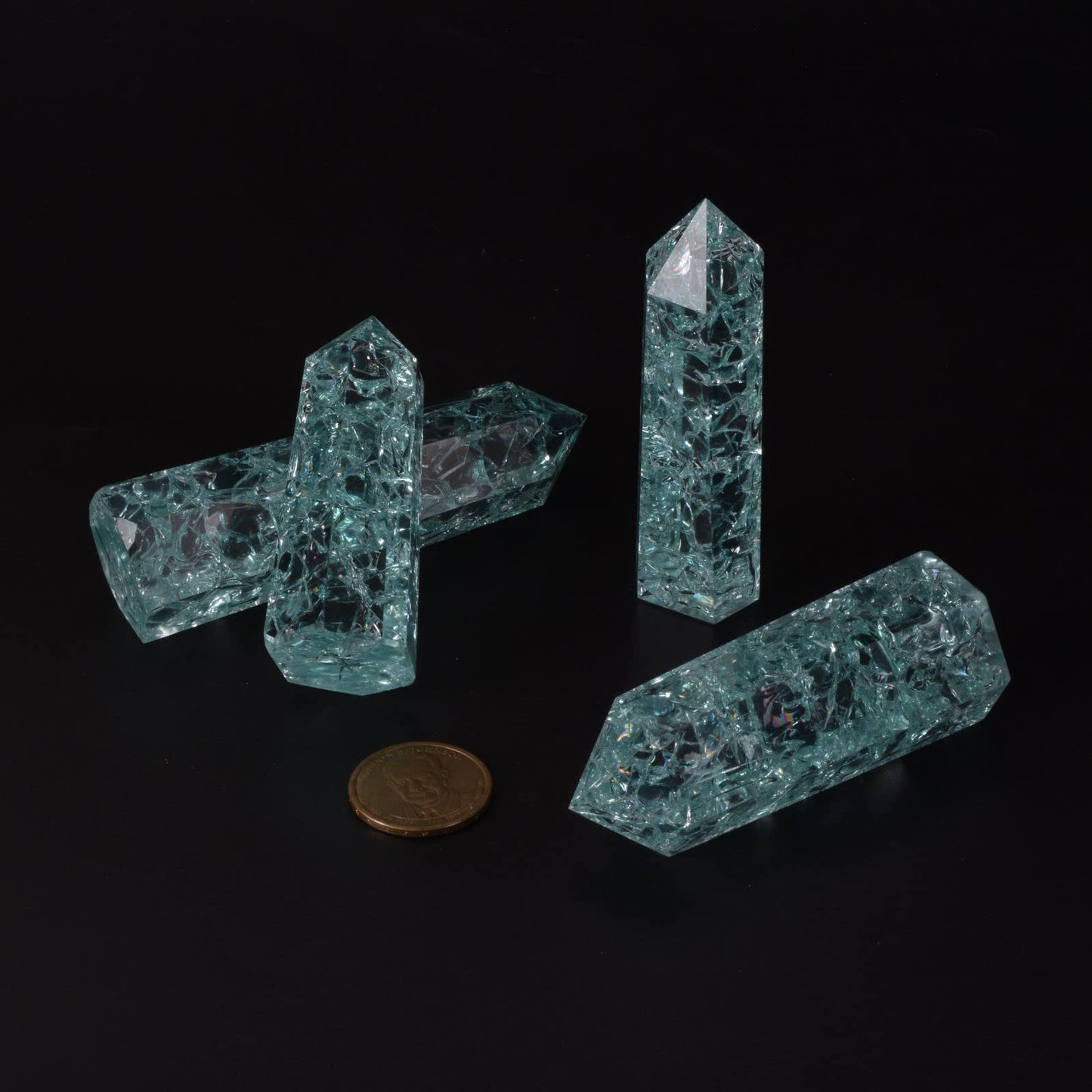 Synthetic Crackle Aqua Glass Crystal Hexagonal Pointed Tower Reiki Chakra Faceted Prism Wand Stone Home Decor