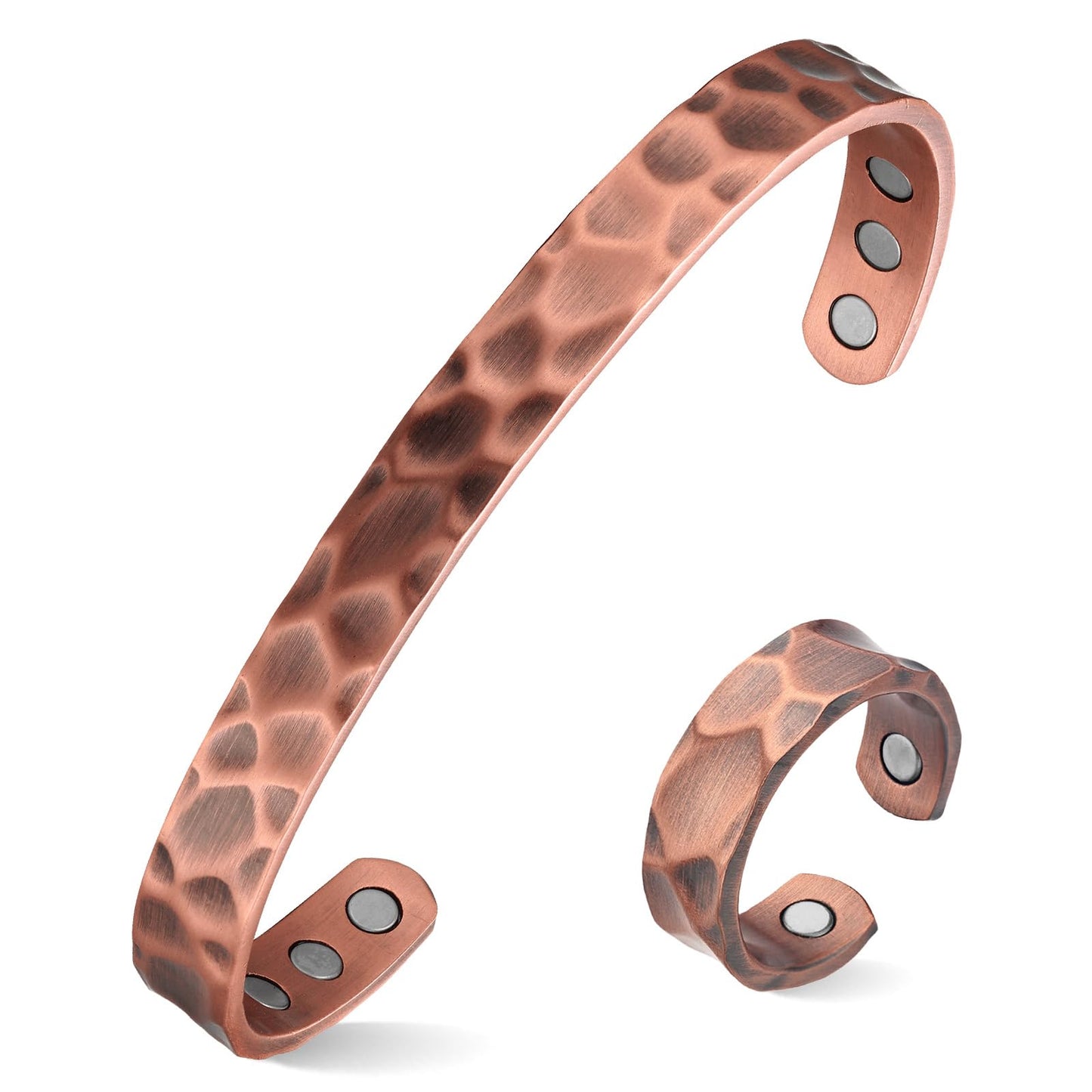 MagEnergy Copper Bracelet & Lymphatic Drainage Ring for Men and Women, Magnetic Hammered Pure Copper Bangle with 3500 Gauss Magnets, 6.8" Adjustable Copper Cuff Jewelry Gift