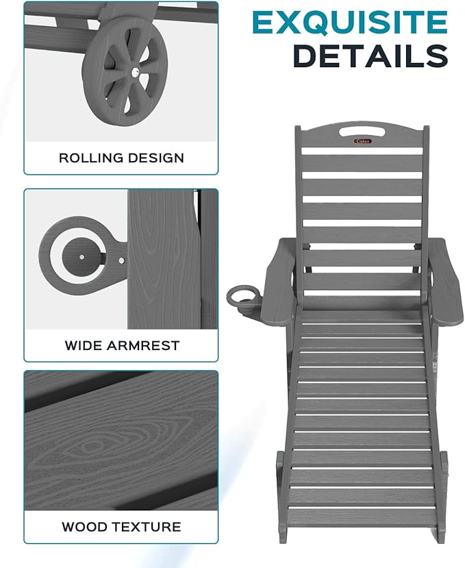 Ciokea Lounge Chair Outdoor, Oversized Chaise Lounge Chair with 5 Positions, HDPE, Patio Lounge Chair with Wheels & Cup Holder for Pool, Deck, Poolside, Dark Grey