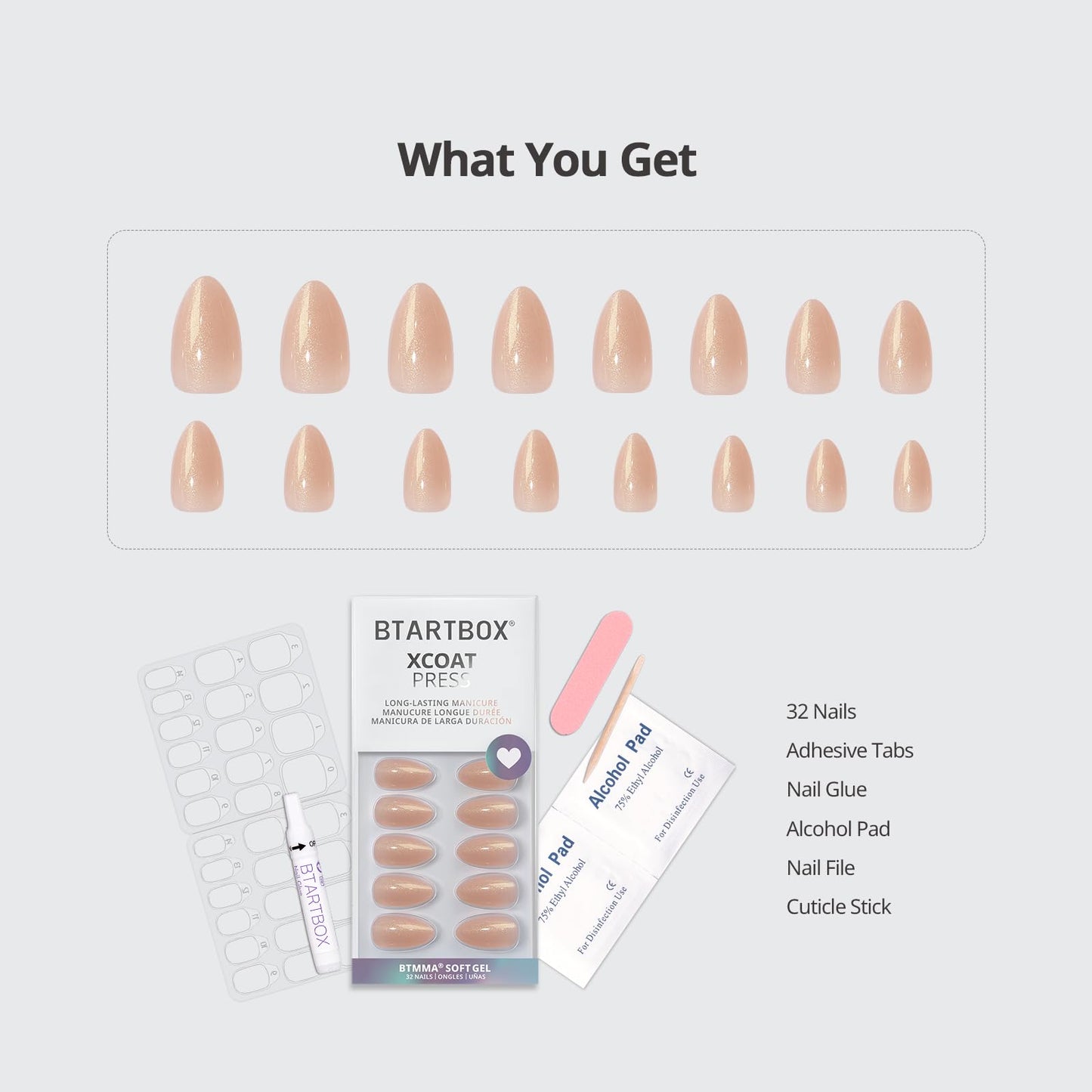 BTArtbox Press On Nails Short - Lamp-Curable Sparkly Almond Press On Nails with Glue for Women, Semi-Transparent Soft Gel Glue On Nails in 16 Sizes - 32 Stick On Nails Kit, Glow Mates