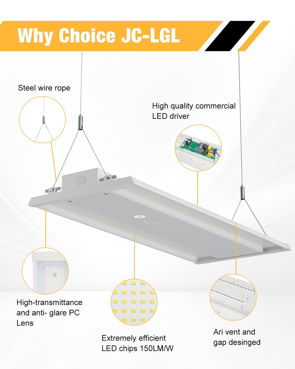 JC-LGL LED Linear High Bay Light, 130W 19500LM High Bay LED Shop Lights, 120-277V, 5000K, 0-10V Dimmable LED Shop Light, Linear High Bay Light for Warehouse Workshops, UL Complied, 4 Pack