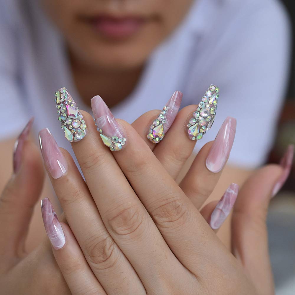 Marble Faux Ongles Large Pink Stones Pre-designed Luxurynails Extra Long Coffin Shape Ladies Party Wedding Decoration Accessories