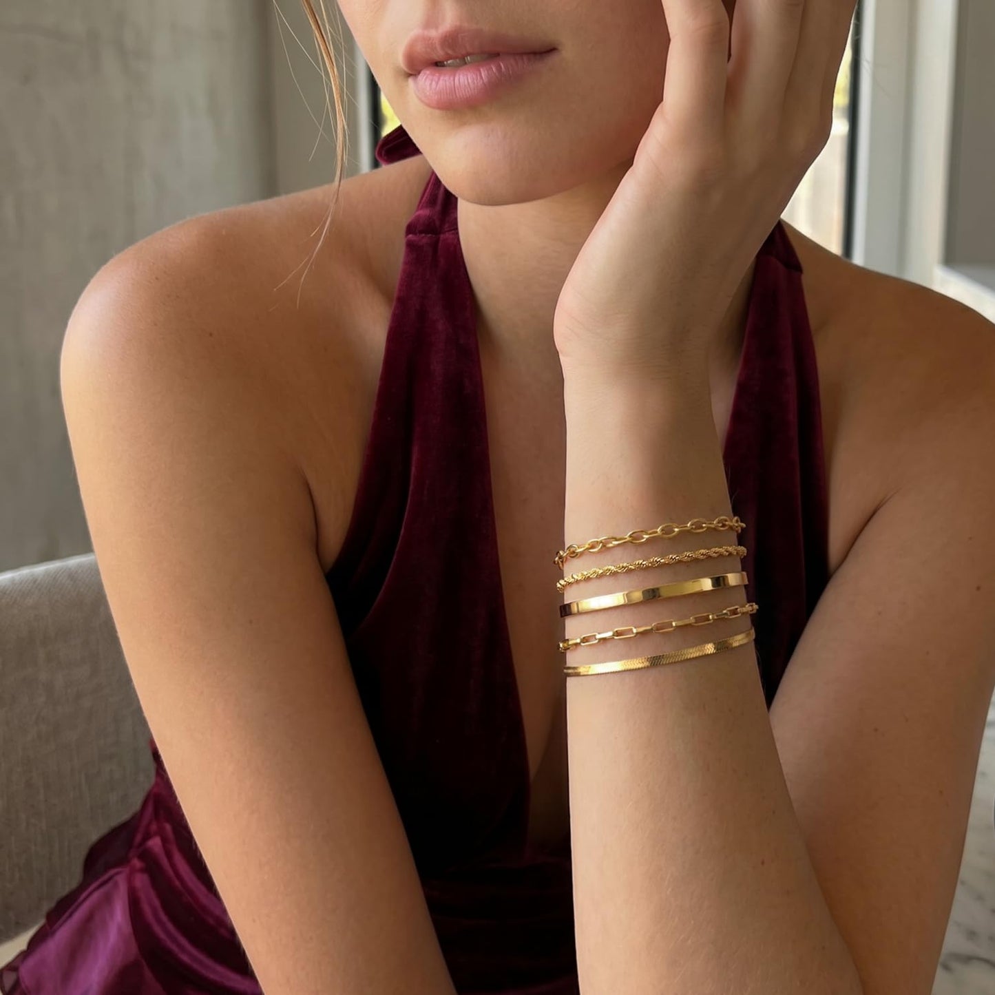 Chunky Gold Bracelets for Women Stack, Adjustable Set 14K Gold Plated on Copper, Stackable Bangle Cuff, Box Link, Figaro, Herringbone, Sparkling Chain, Waterproof Tarnish Resistant Jewelry Gift for Women