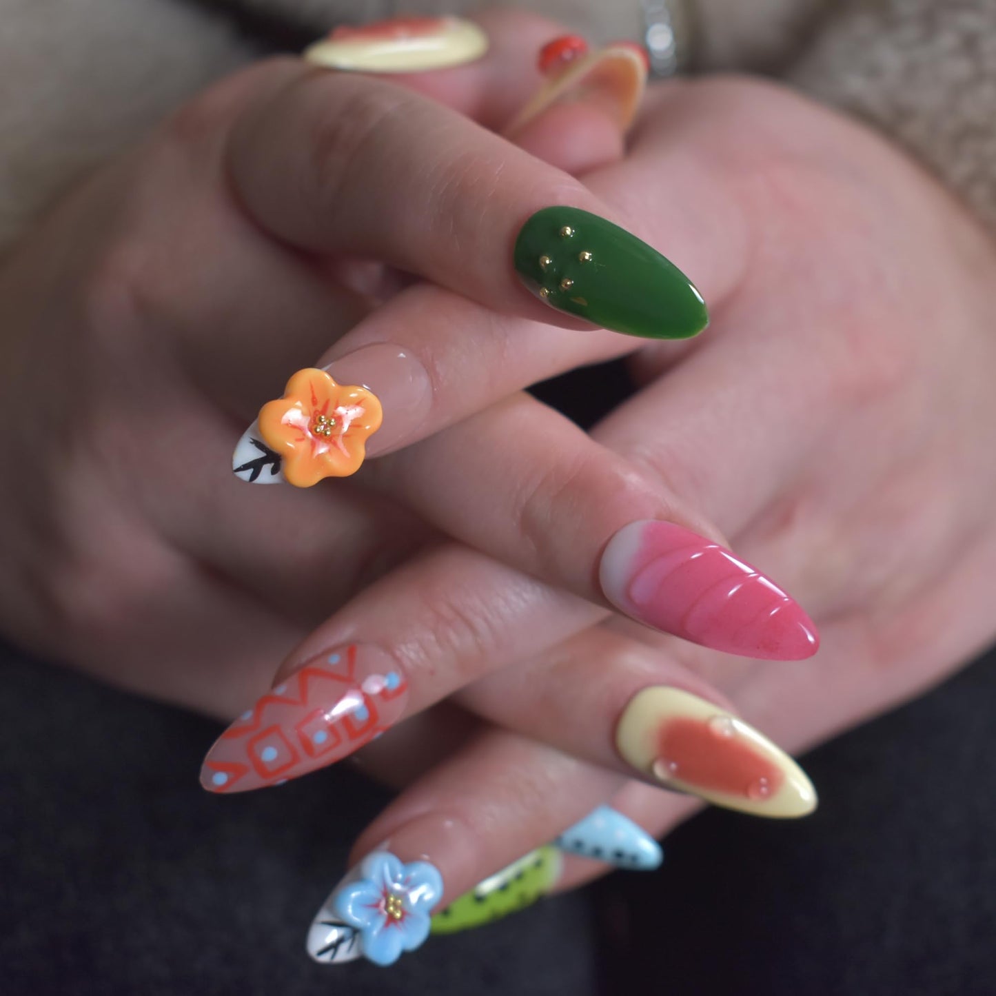 LIFOOST Handmade Press On Nails Almond 3D Hand Painted Flower Fake Nails with Cherry Droplet Designs Reusable Stick On Kit