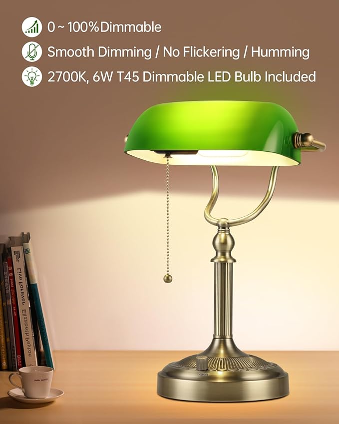 Newrays Green Glass Bankers Desk Lamp, Stepless Dimmable Table Lamp Plug in Fixture for Study, Office, LED Bulb Included