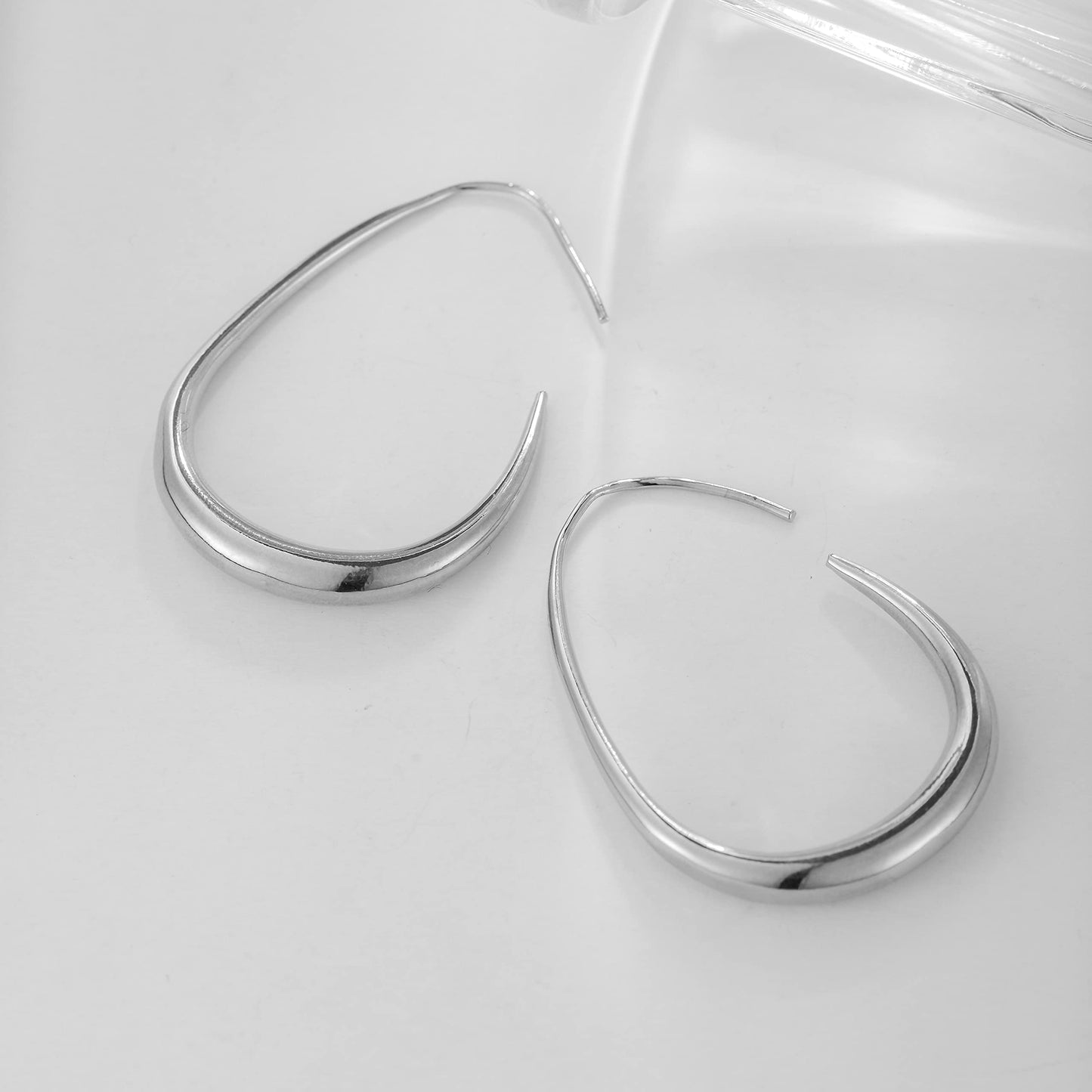 Lightweight Teardrop Hoop Earrings for Women - 14k Gold/White Gold Plated Large Oval Pull Through Hoop Earrings High Polished Statement Jewelry Gift for Women(silver 30 * 18)