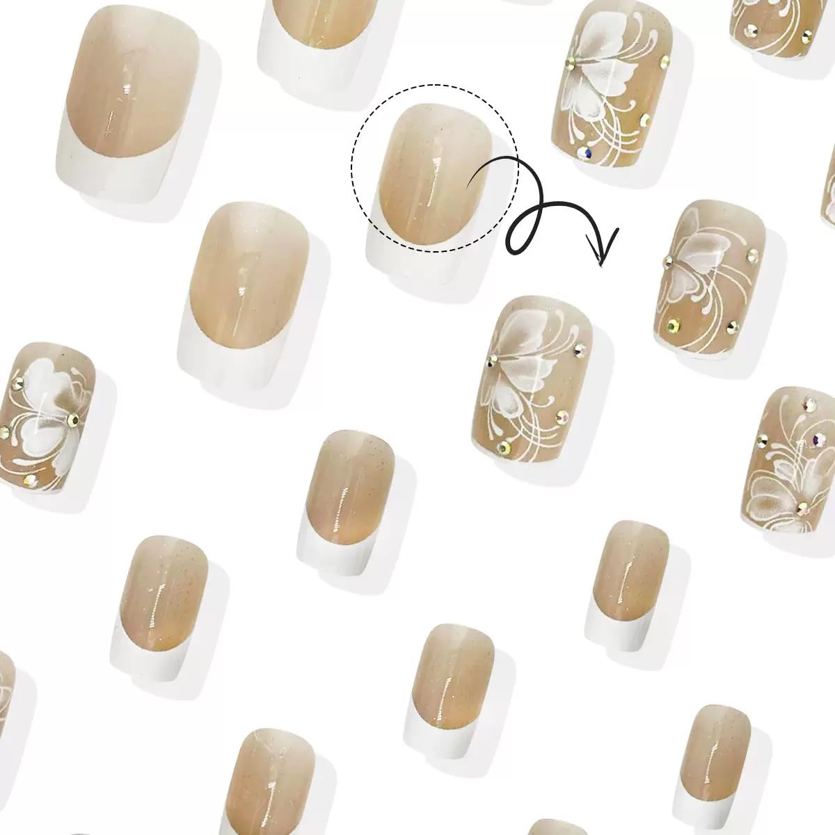 Square Press on Nails Medium - White Fake Nails with Flower Design - Rhinestone, French Tip Full Cover Stick on Nails - for Women 24 Pcs