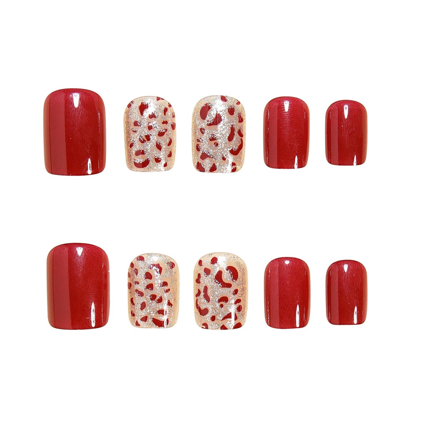 Red Press on Nails Short Square CEWEWP Fake Nails Winter False Nail with Gold Glitter Red Leopard Print Designs Glossy Glue on Nail Full Cover Acrylic Nails for Women Girls 24Pcs