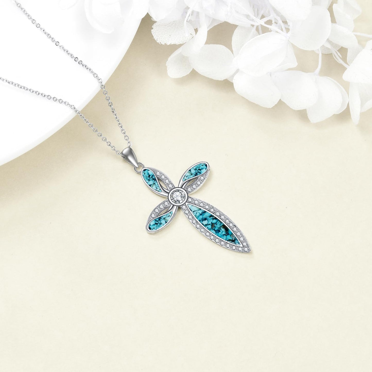 ONEFINITY Religious Cross Pendant Necklace 925 Sterling Silver Turquoise Cross Pendant Gifts for Women Jewellery