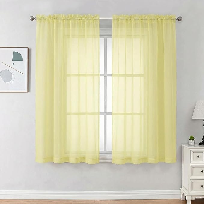 OVZME Sheer Curtains 63 inch Length 2 Panels Set for Bedroom Living Room, Soft Airy Elegant Light Filtering Sheer Curtains, Dual Rod Pocket Window Drapes, Each 42W x 63L Inches, Light Yellow