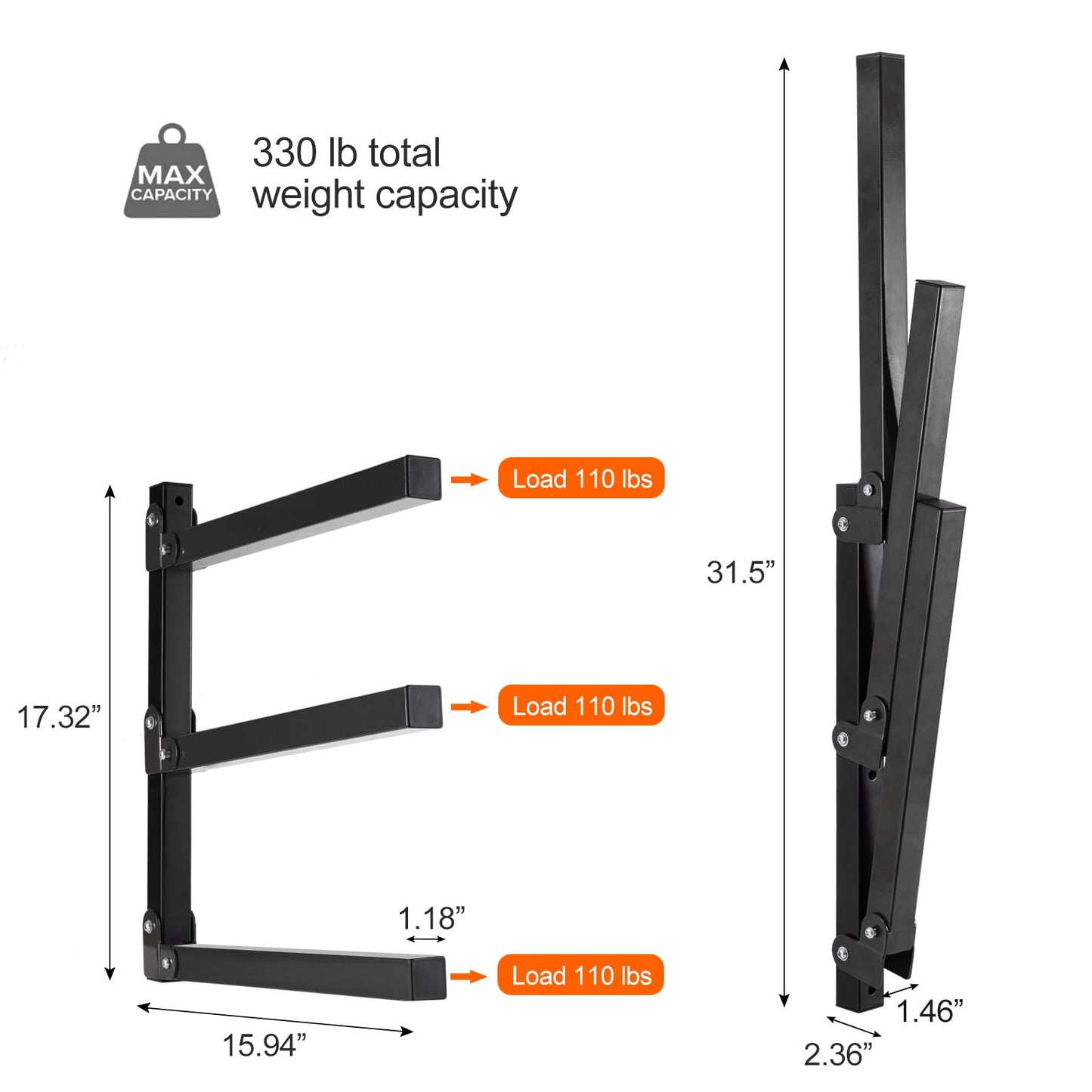 Ultrawall Wall Mount Wood Organizer and Lumber Storage Metal Rack for Shed, Workshop, Garage with 3-Level (Black-4 Pack)