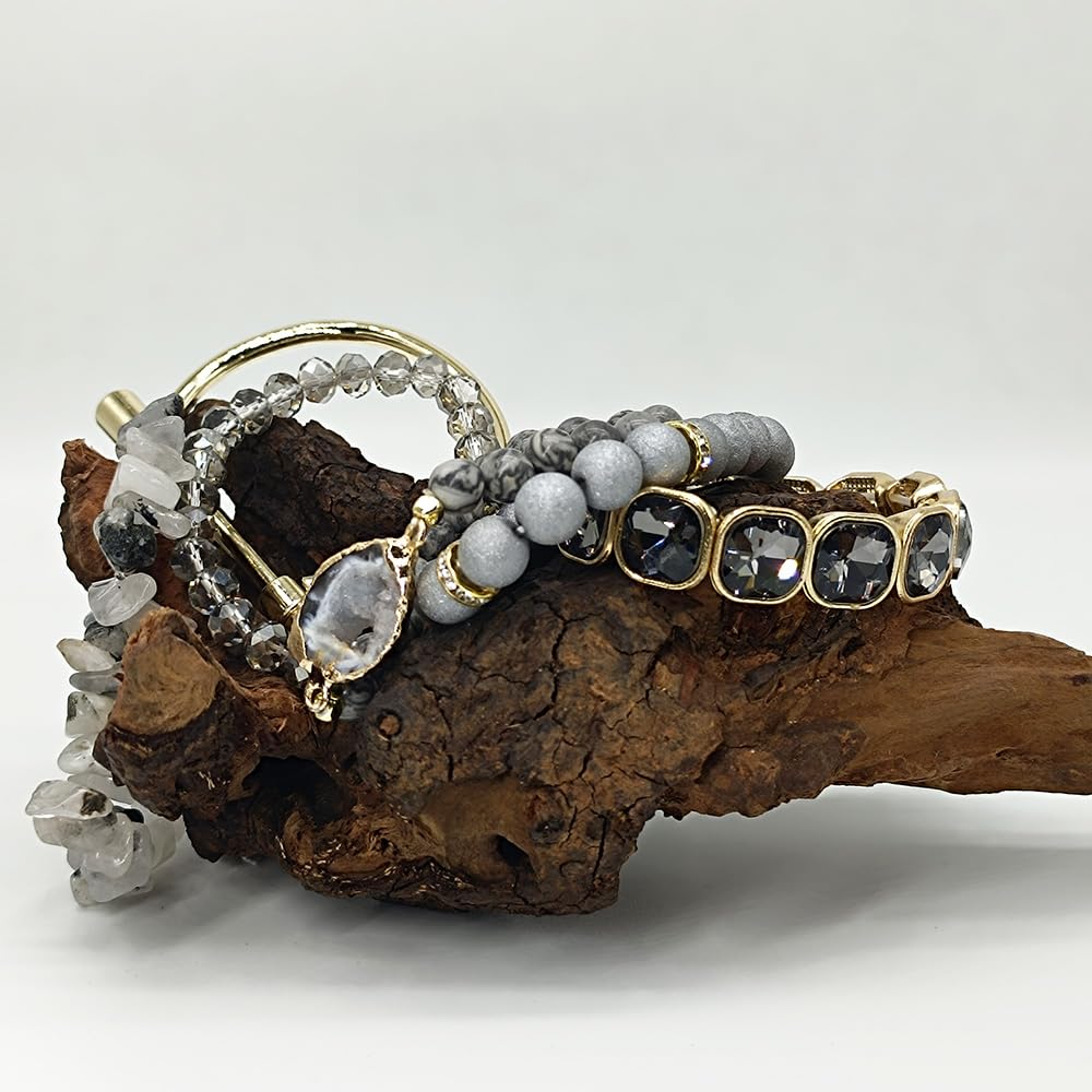 Yomisa Boho Beaded Bracelets/Bangle for Women,Multilayer Wrap 6PCS Healing Natural Jasper Stone Bead Bracelets Stackable Friendship Stretch Beaded Bracelet Set Trendy Bohemian Jewelry Gift,Silver Gold