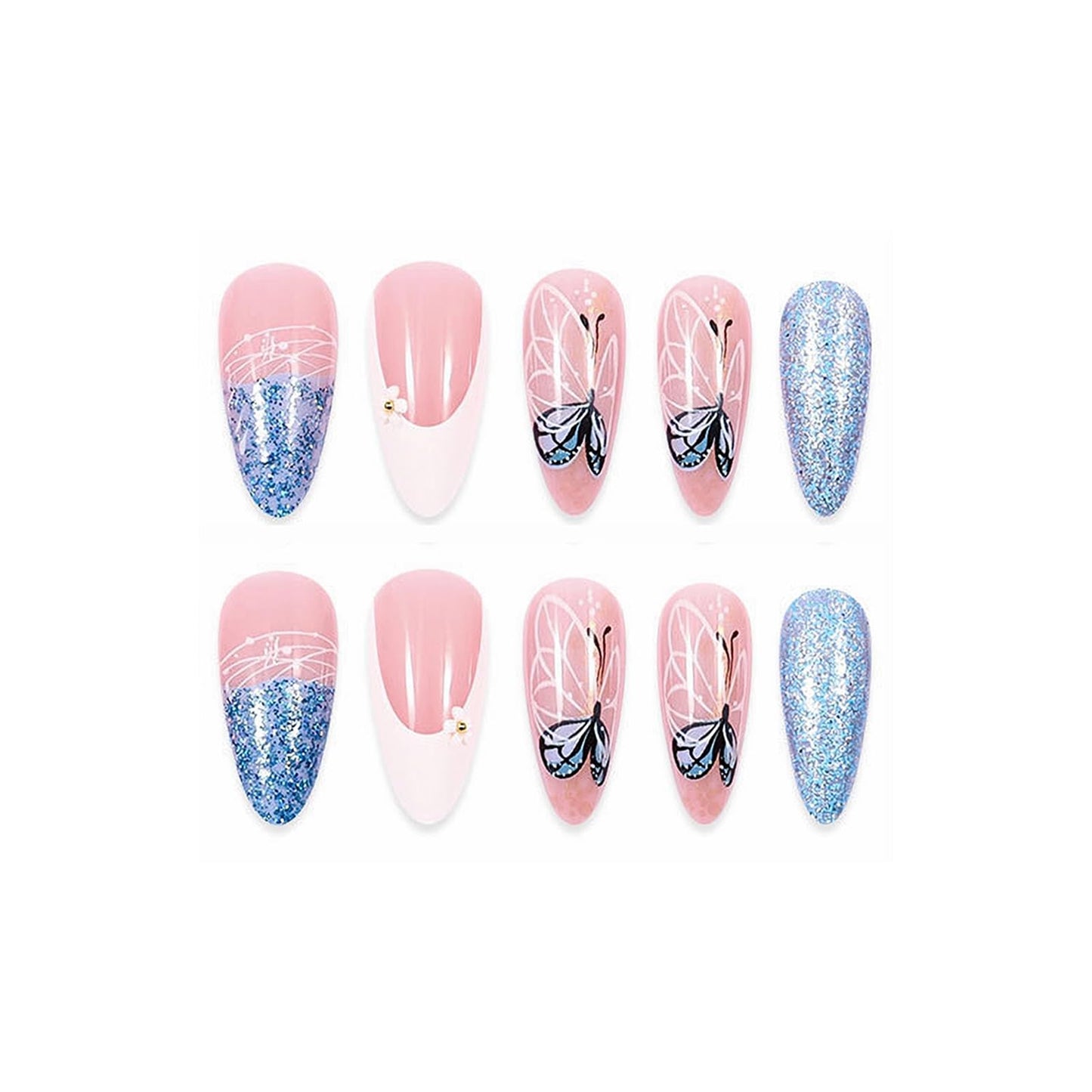 MISUD Press on Nails - Medium Almond Fake Nails with Summer Blue Butterfly Acrylic Bling Glitter Design 24 pcs