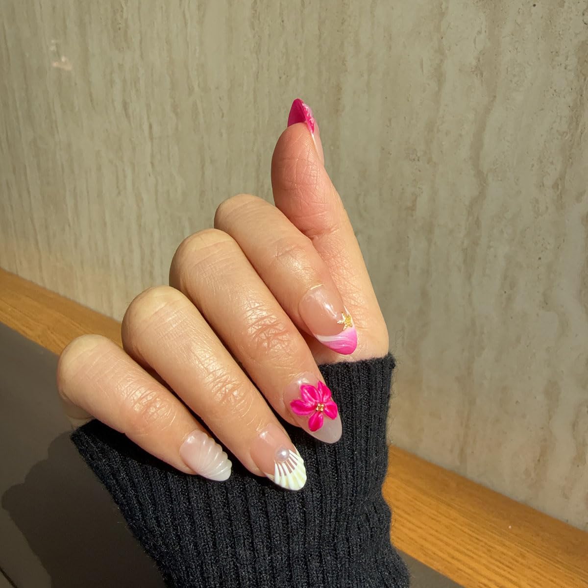 10 Short Handmade Press On Nails | with 3D Floral and French design False Nails | Skip Salon Trips, Easy to Apply & Remove, Reusable (251206, XS)